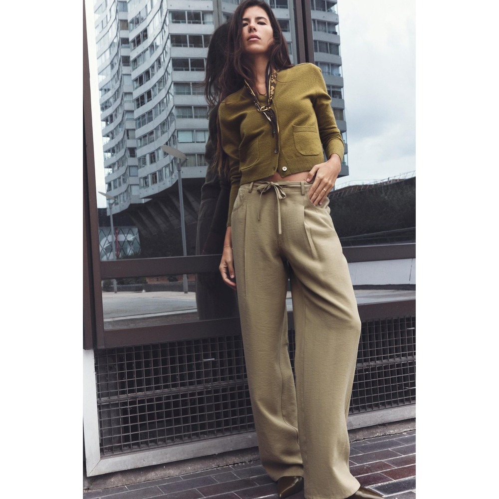 Zara Women Wide Leg Tan Belted High Rise Trousers Size S